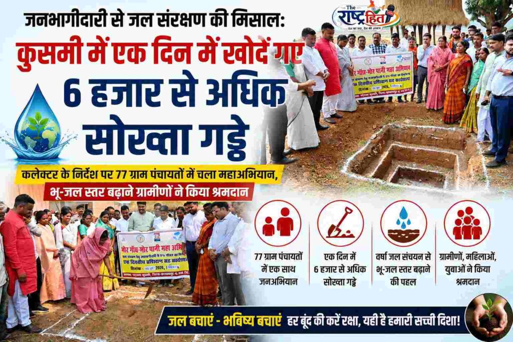 जनभागीदारी से जल संरक्षण की मिसाल: कुसमी में एक दिन में खोदे गए 6 हजार से अधिक सोख्ता गड्ढे,कलेक्टर के निर्देश पर 77 ग्राम पंचायतों में चला महाअभियान, भू-जल स्तर बढ़ाने ग्रामीणों ने किया श्रमदान…