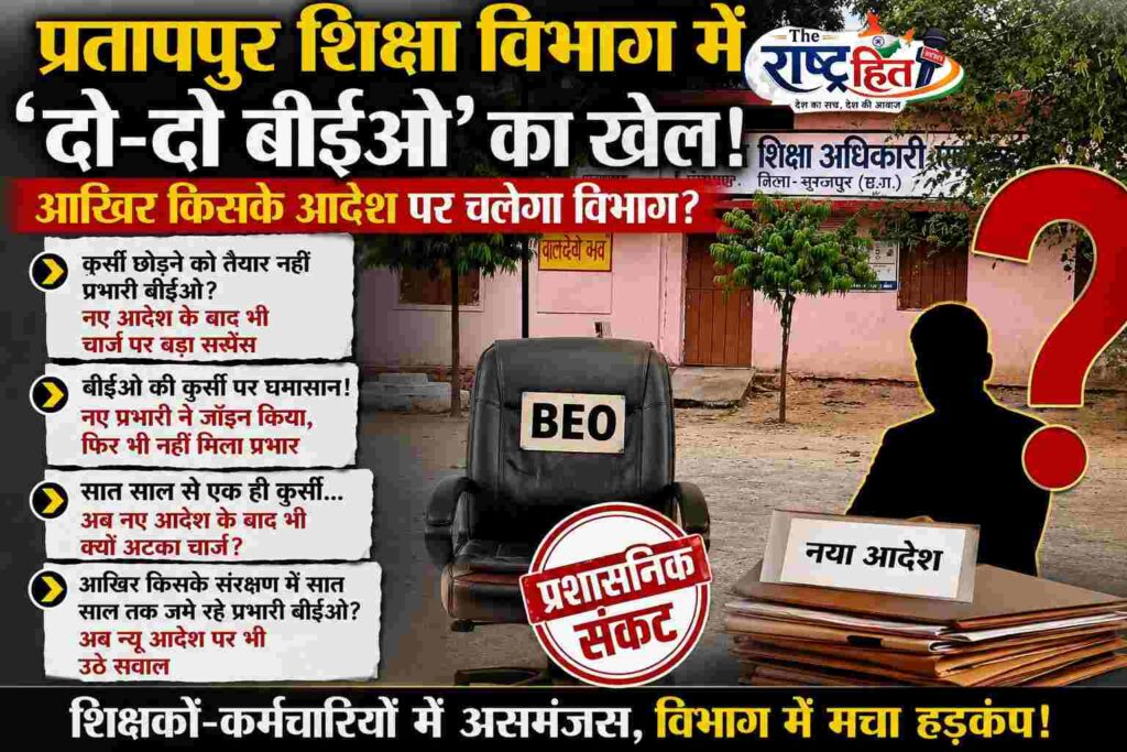 सूरजपुर: प्रतापपुर शिक्षा विभाग में ‘कुर्सी संग्राम’! आदेश एक, दावेदार दो… कर्मचारी असमंजस में, नया प्रभारी, पुरानी पकड़! शिक्षा विभाग में आखिर किसकी चल रही है हुकूमत? शिक्षा विभाग में बड़ा प्रशासनिक संकट! आदेश सरकार का या फिर ‘कुर्सी’ का? आखिर किसके संरक्षण में सात साल तक जमे रहे प्रभारी बीईओ?