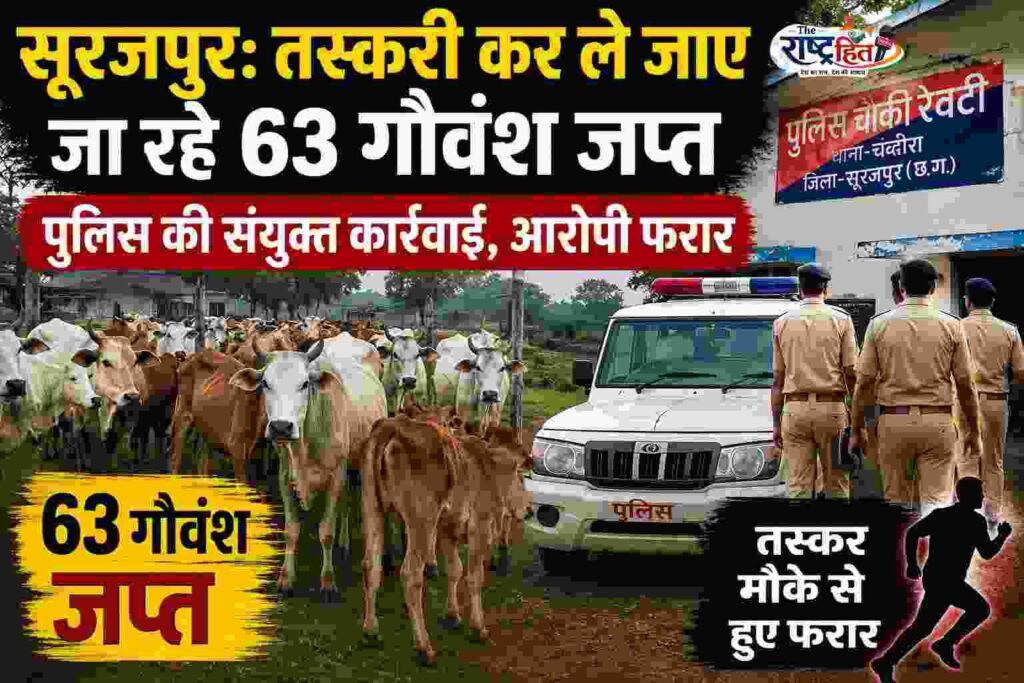 सूरजपुर: तस्करी कर ले जाए जा रहे 63 गौवंश जप्त, पुलिस की संयुक्त कार्रवाई, आरोपी फरार..