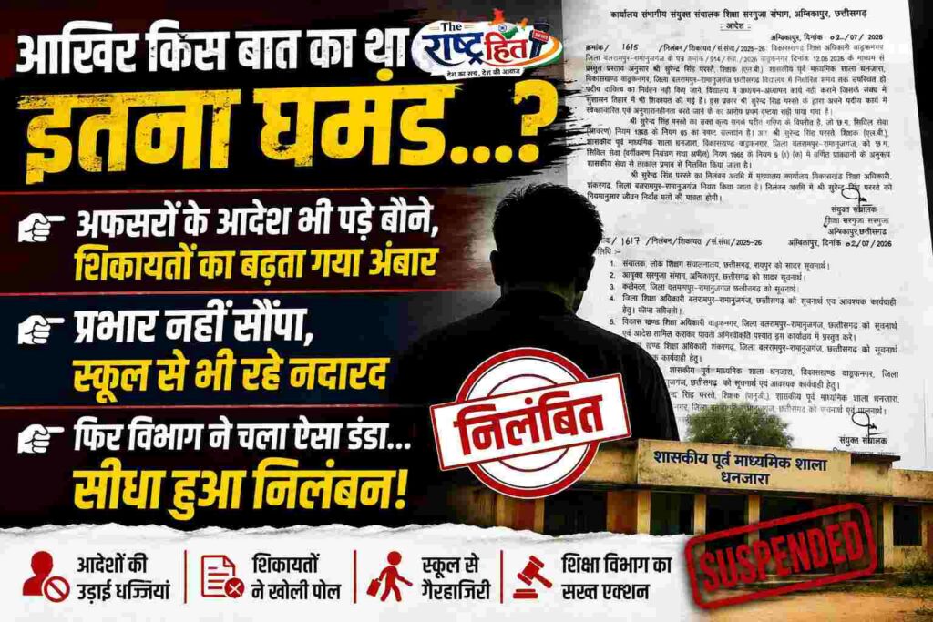 बलरामपुर : बहुत हो गई मनमानी… आखिर चल ही गया विभाग का हंटर…? आदेश पर आदेश, शिकायत पर शिकायत… फिर गिरी निलंबन की गाज, प्रभार नहीं सौंपा, स्कूल से भी रहे गायब… जांच के बाद शिक्षा विभाग का बड़ा एक्शन..