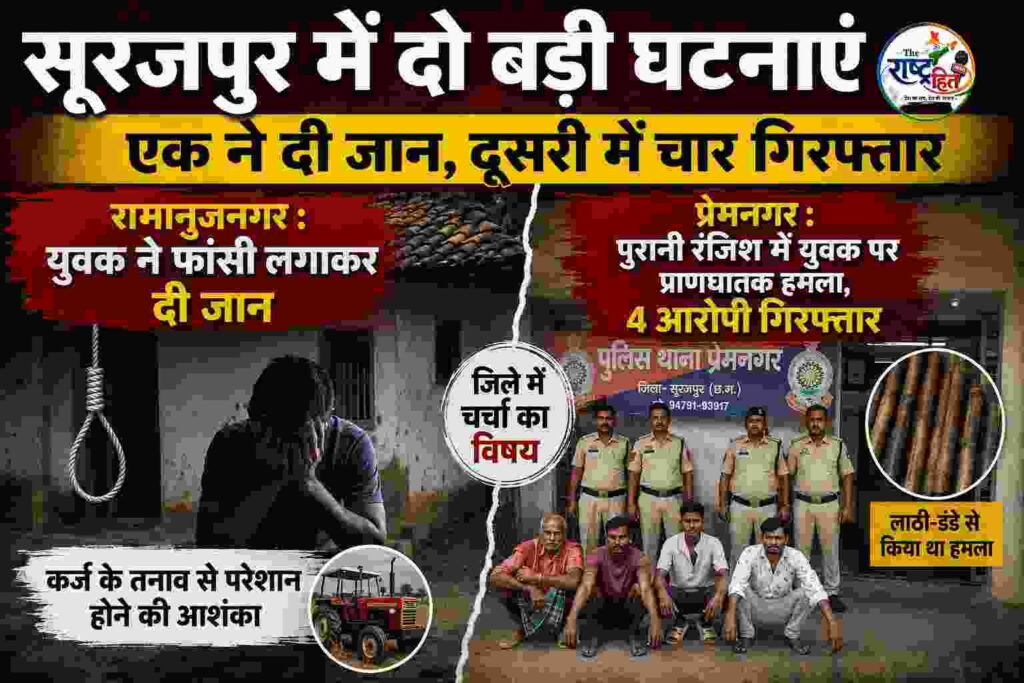 छत्तीसगढ़ : सूरजपुर में दो बड़ी घटनाएं: रामानुजनगर में युवक ने फांसी लगाकर दी जान तो वहीं प्रेमनगर में प्राणघातक हमले के चार आरोपी गिरफ्तार…