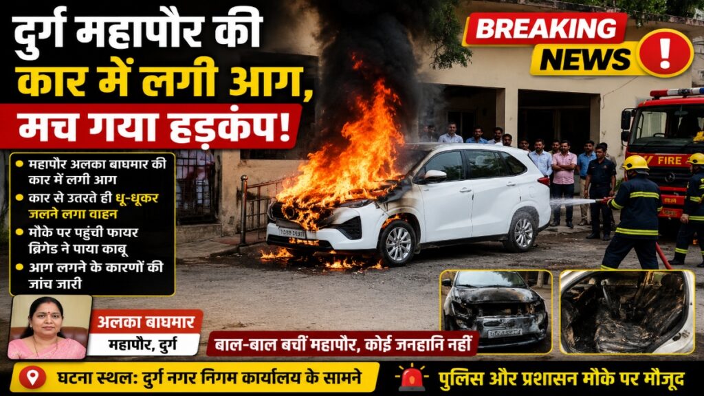 CG BREAKING : महापौर के कार से उतरते ही मचा हड़कंप, देखते ही देखते आग की लपटों में घिरा वाहन