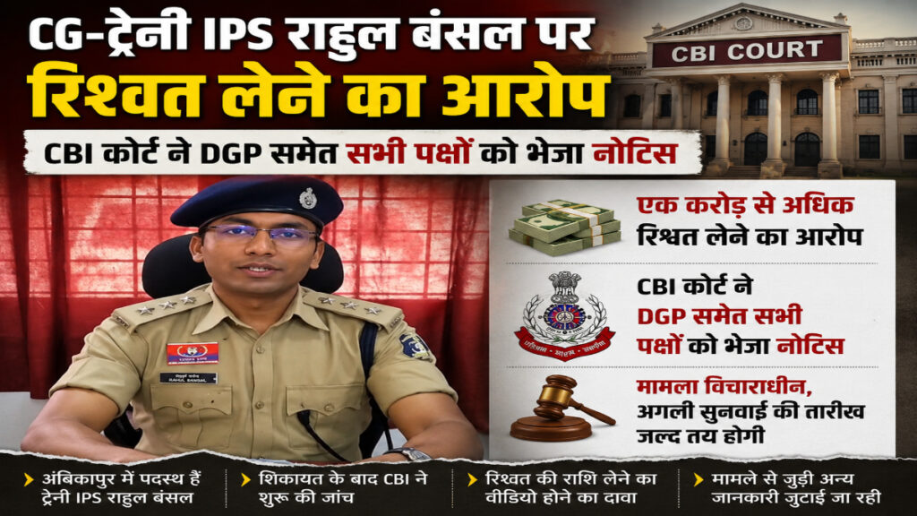 CG News : रिश्वतखोरी के आरोप में घिरे ट्रेनी IPS राहुल बंसल, CBI कोर्ट का बड़ा आदेश’ DGP सहित सभी पक्षों से मांगा जवाब