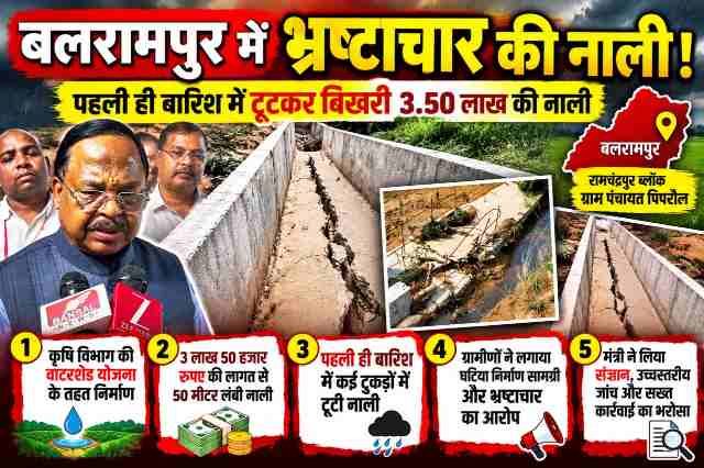 बलरामपुर के पिपरौल में पहली ही बारिश में टूटकर बिखर गई 3.50 लाख की नाली, कृषि मंत्री ने कहा जाँच कराई जाएगी।
