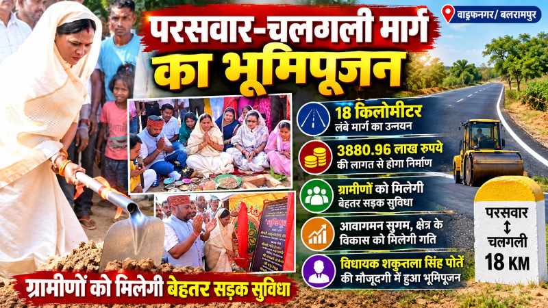 परसवार-चलगली मार्ग के उन्नयन कार्य का भूमिपूजन, ग्रामीणों को मिलेगी बेहतर सड़क सुविधा, विधायक शकुन्तला सिंह पोर्ते की मौजूदगी में हुआ भूमिपूजन।